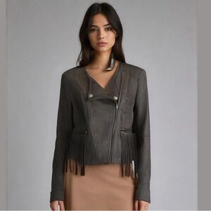 FATE Revolve Black Fringe Trim Faux Suede Asymmetrical Zip Lightweight Jacket S